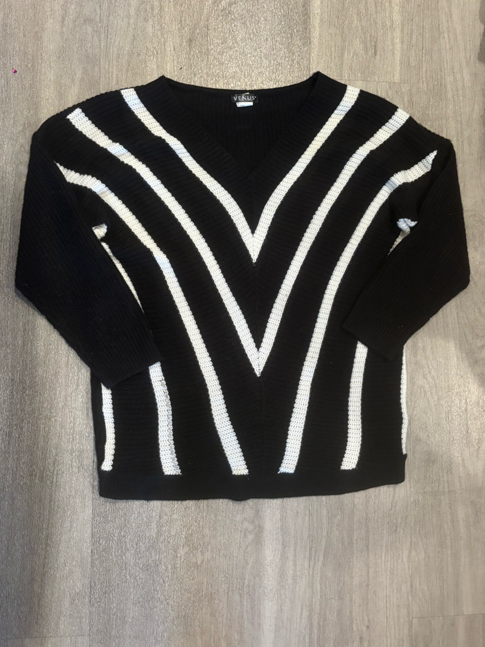 VENUS Black V-Neck Sweater with White Chevron Stripes